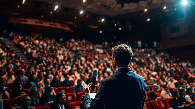 Man Standing in Front of Crowd With Microphone, Speaking to the Audience