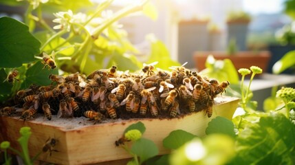 Closeup of a busy honeybee hive nestled within a rooftop garden, buzzing with activity and life.