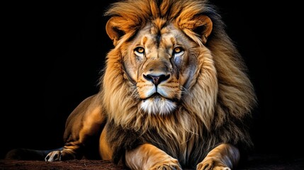 Stunning and commanding lion with a vibrant golden mane isolated on a captivating black background