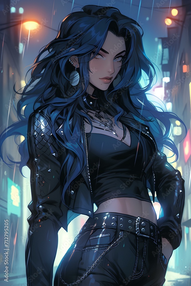 Canvas Prints fascinating cyberpunk woman dressed in slim-tight leather jacket and jeans, charming anime characters, neon lights, gloss, 2d game art. generative AI