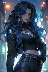 Fototapeta na wymiar fascinating cyberpunk woman dressed in slim-tight leather jacket and jeans, charming anime characters, neon lights, gloss, 2d game art. generative AI