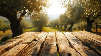 Olive Grove Essence: A Wooden Table, Empty with Abundant Copy Space, Placed over an Olives Field Background, Eliciting Thoughts of Freshness and Agricultural Abundance.