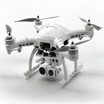 Modern drone with camera isolated on white background
