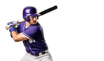 Baseball hitter with a bat in a purple jersey and helmet