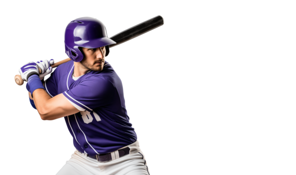 Baseball hitter with a bat in a purple jersey and helmet