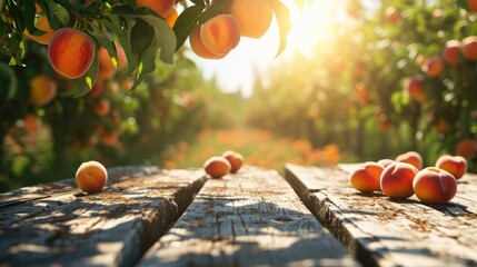 Peach Grove Tranquility: A Wooden Table, Empty with Abundant Copy Space, Placed over a Peaches Field Background, Eliciting Thoughts of Fresh Harvest and Agricultural Serenity.

