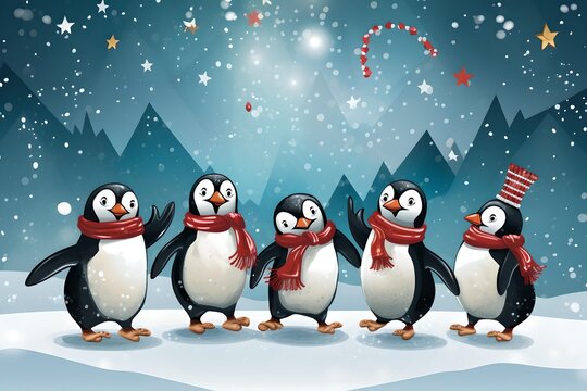 Cartoon Penguins Dancing Wearing Red Scarves – Joyful Illustration