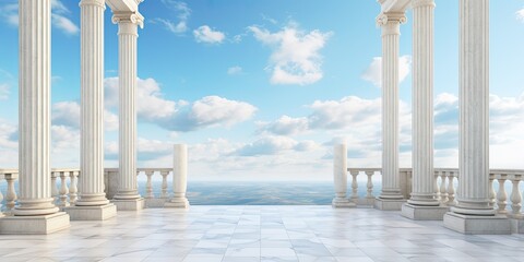 showcasing ancient Greek architecture with marble pillars and a blue sky backdrop. - 712796488