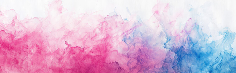 Fototapeta premium Watercolor abstract background on white canvas with dynamic mix of bright pink and light blue colors, banner, panorama