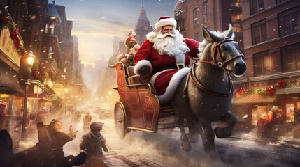 A realistic 3D-rendered Santa Claus riding a retro-style sleigh through a bustling city. - obrazy, fototapety, plakaty