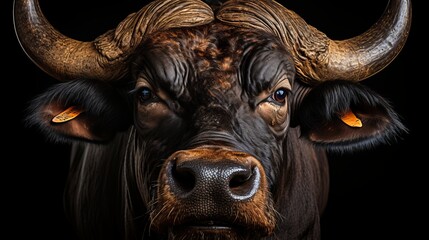 Naklejka premium Majestic african buffalo portrait on black background wildlife photography
