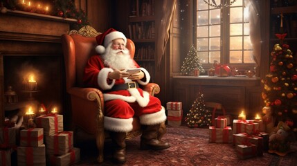 A realistic 3D-rendered Santa Claus delivering presents in a cozy living room.