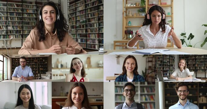 Young multiethnic students take part in virtual meeting, studying, e-learning, share skill and knowledge in library and home, multiple videos collage front faces view. Worldwide communication, e-study