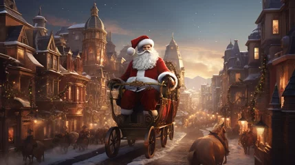 Fotobehang A realistic 3D-rendered Santa Claus riding a retro-style sleigh through a bustling city. © UMAR_ART