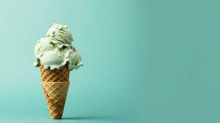 An ice cream cone with several scoops of mint ice cream, garnished with fresh mint leaves on a plain green background.
