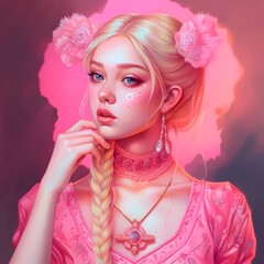 Naklejka premium Girl in a pink dress with a pigtail