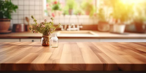 Foto op Canvas Wooden table with product on blurred kitchen background. © Sona
