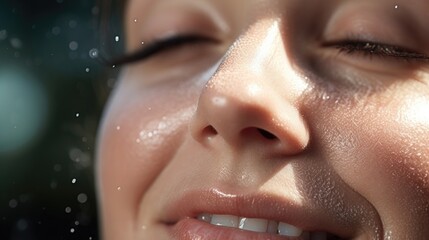 Macro shot of a clean face being sprayed with refreshing acne control mist.