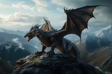 A dragon perched atop a mountain peak, surveying the landscape - obrazy, fototapety, plakaty