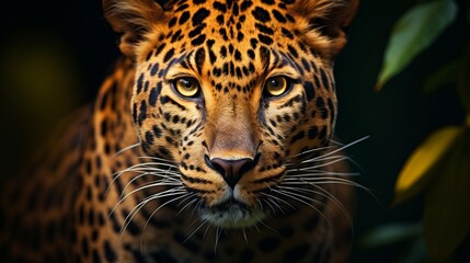 Majestic amur leopard close up portrait in natural habitat, wildlife photography
