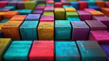 Close Up of Colorful Blocks of Wood, A Vibrant Display of Playful Shapes and Patterns