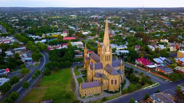 Bendigo Aerial Footage - Church Cathedral Central Business District (4k) Panorama Central Victoria Australia