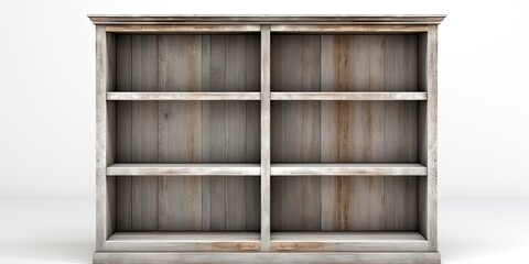 Isolated white an empty old wooden bookshelf.