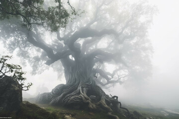 A giant, ancient tree, surrounded by a mysterious mist