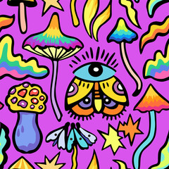 Bright colorful seamless pattern with psychedelic vivid fantasy mushrooms. Vector illustration