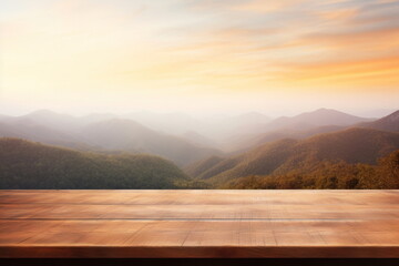 wood table top counter with evening landscape background