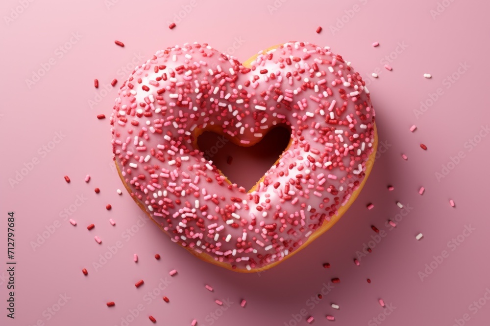 Poster donut in the shape of a heart. background with selective focus and copy space
