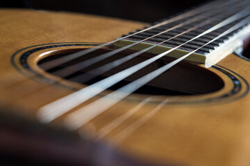 Fototapeta premium Flat top acoustic guitar with strings wood top and fretboard