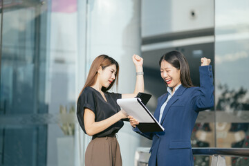 business woman creative businesspeople coworker, Happy to be successful partnership teamwork success concept.