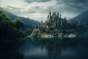 Fototapeta na wymiar A mystical lake with a castle in the background, with a magical atmosphere