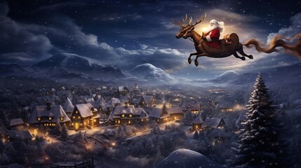 Obraz na płótnie Canvas Santa Claus flying over a snowy village in a sleigh pulled by reindeer, with a full moon in the background.