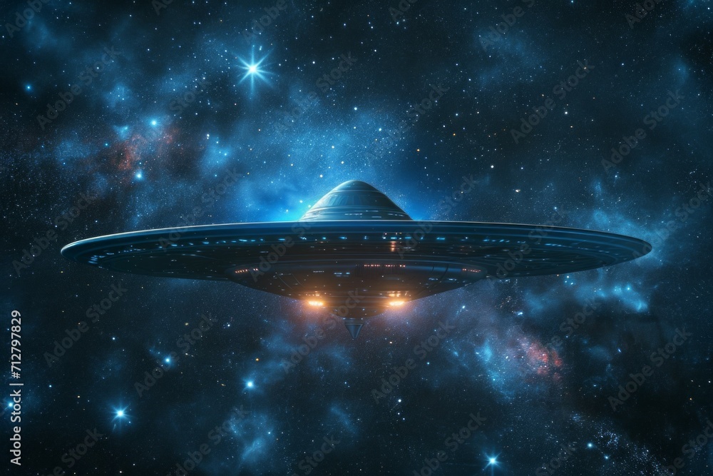 Poster flying saucer in space. background with selective focus and copy space