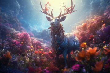A mystical creature in a flowery meadow, with a magical aura surrounding it - obrazy, fototapety, plakaty