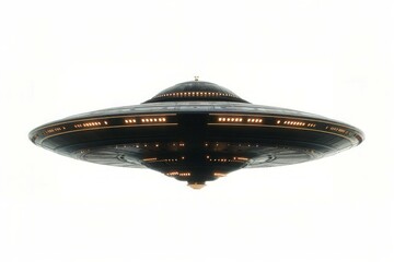 Flying saucer, alien spaceship, UFO on white. Background with selective focus and copy space