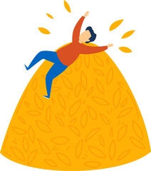 Man sliding off a giant autumn leaf, feeling joyful. Casual fun, seasonal activity. Embracing fall season excitement vector illustration