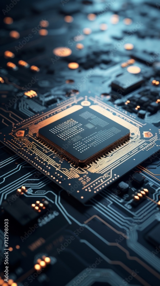 Poster detailed view of circuit board with multiple chips and glowing lights. useful for for tech industry 