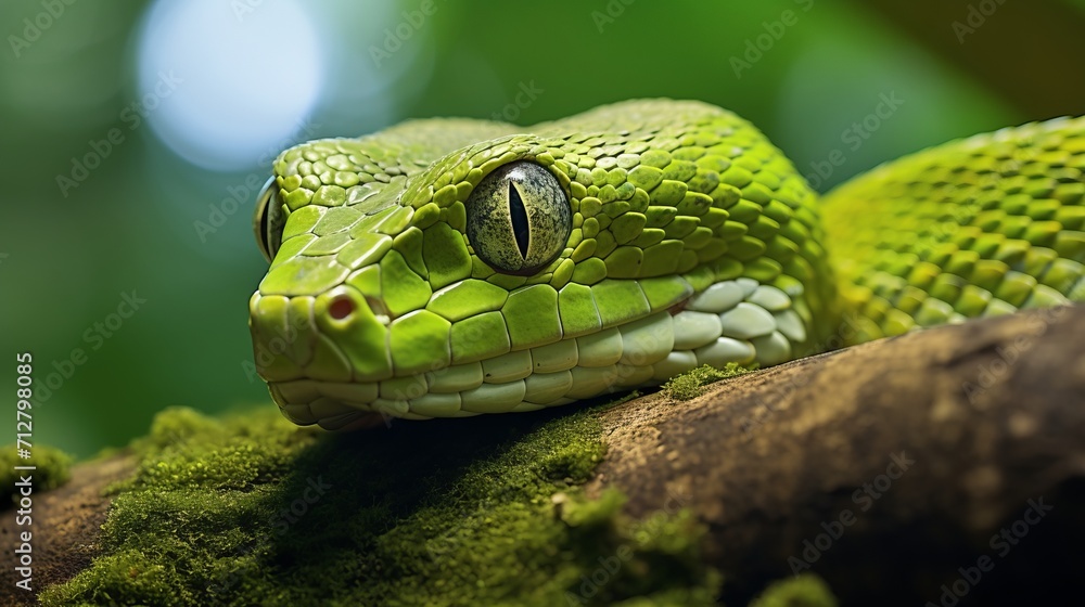 Poster lush jungle setting with a vividly green snake showcasing intricate macro details on tree branch