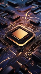 Fototapeta premium Detailed view of circuit board with multiple chips and glowing lights. Useful for for tech industry marketing and educational content. Vertical format