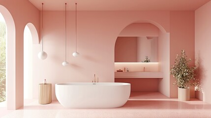 Contemporary trendy Peach bathroom setup in sunlight. Minimalist style. Perfect for architectural digest content, interior design, luxury home marketing, home decor