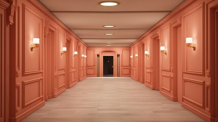 Peach colored hotel hallway with multiple doors and polished floor. Ideal for hotel design, luxury apartment complexes, hospitality marketing, and architectural visualization.