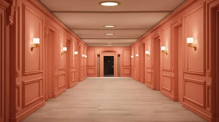 Foto op Plexiglas Peach colored hotel hallway with multiple doors and polished floor. Ideal for hotel design, luxury apartment complexes, hospitality marketing, and architectural visualization. © Jafree