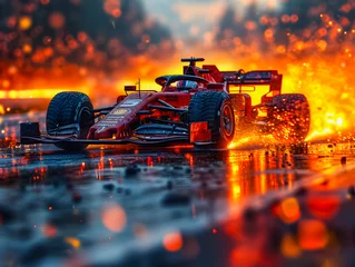 Abwaschbare Fototapete F1 A burning Formula 1 car on a race track. Formula 1 on fire.