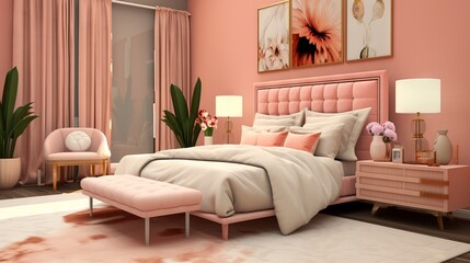 Modern bedroom interior with upholstered bed, chic decor and decorative wall art. In a fashionable trendy color Peach. Ideal for real estate listings, interior design concepts, furniture promotions.