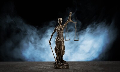No law concept.  Bronze Statue of Justice in smoke