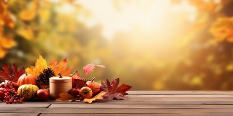 Naklejka na ściany i meble Thanksgiving-themed table surrounded by autumn nature on a warm day, with an empty wooden table and colorful leaves against a blurred nature background, creating a fall backdrop with space for