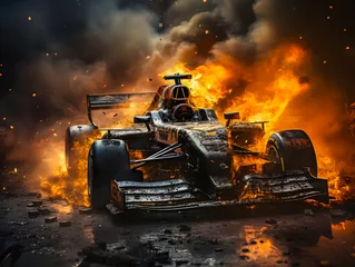 Gordijnen Formula 1 car. Racing car on a race track with grandstands in the background. Generative AI © Daniel